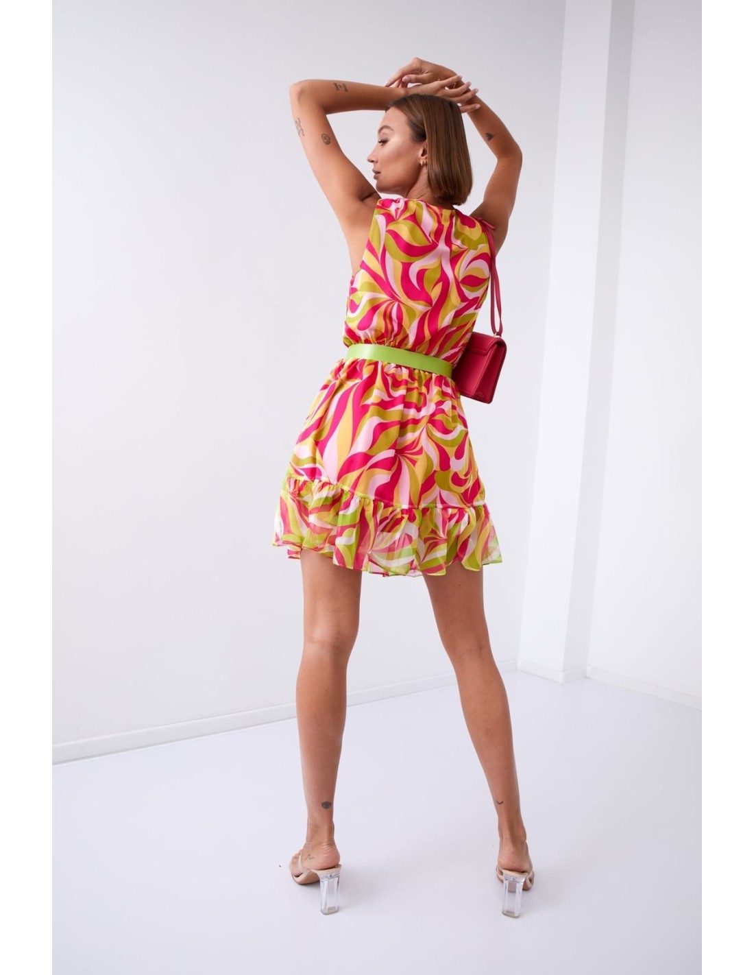 Light patterned dress with a belt, neon green and pink 03040 - Online store - Boutique